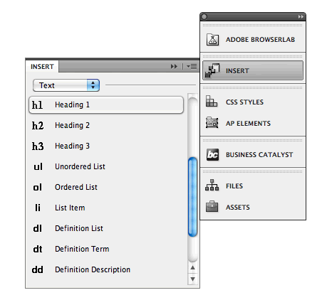 A panel from Dreamweaver CS5 that includes a set of buttons with text labels Heading 1, Heading 2, Unordered List, List Item, etc.